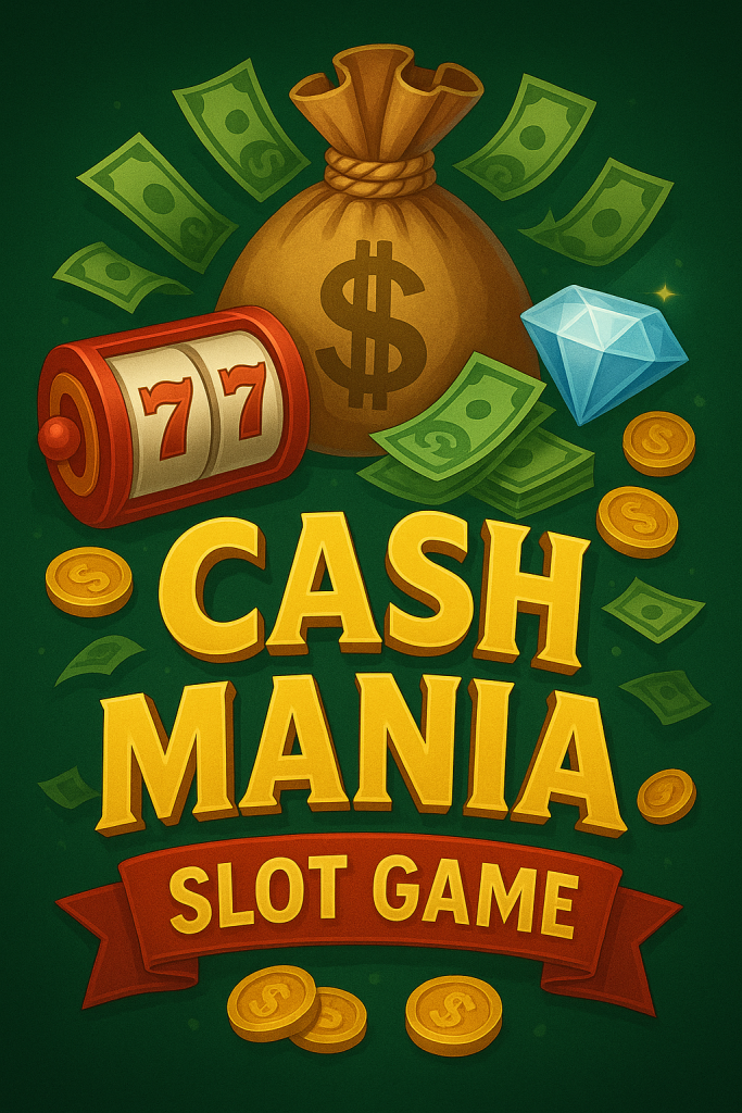 Cash Mania Slot Game com saco de dinheiro, notas e diamante.